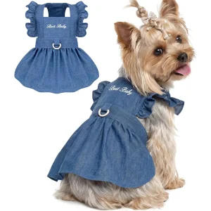 Denim Pet Dress for Small Pets with Leash