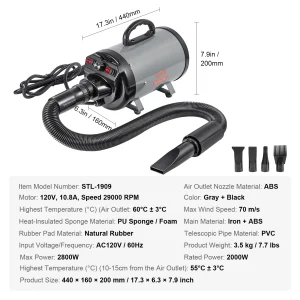 Dog Blow Dryer Adjustable Speed Temperature Control